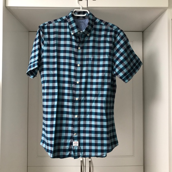 Izod Saltwater 100% Cotton Chambray Turquoise & Navy Checker US M Short Sleeve - Picture 4 of 6